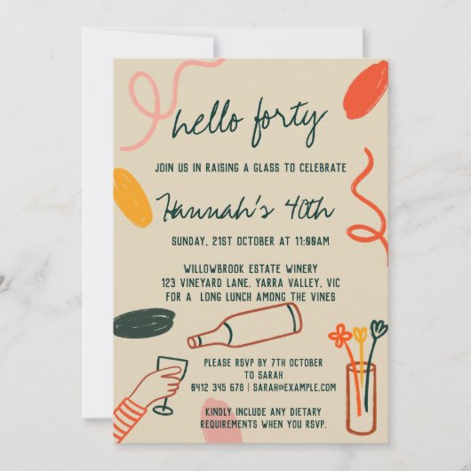 Hallo 40 Veertig wijnmakerij Lunch Verjaardag Kaart (Voorkant)