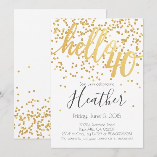 Hallo 40e verjaardag Witte en Gouden Confetti Kaart (Voorkant / Achterkant)