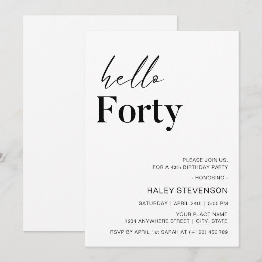 Hallo 40ste verjaardag van de moderne witte minima kaart (Voorkant / Achterkant)
