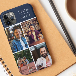 Hallo! 4 foto collage donkerblauw gepersonaliseerd Case-Mate iPhone case