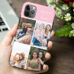 Hallo 4 Fotocollage  roze gepersonaliseerd Case-Mate iPhone Case<br><div class="desc">Creëer uw eigen aangepaste telefoonhoes voor iphone 11 pro max en vele andere modellen. Het ontwerp is voorzien van een rasterstijl fotocollage met 4 van uw favoriete foto's, jouw naam hallo en het woord De fotosjabloon staat klaar voor u om uw foto's toe te voegen en werkt met de klok...</div>