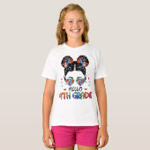 Hallo 4e klas Messy Bun Terug Naar School Meisjes  T-shirt (Voorkant volledig)