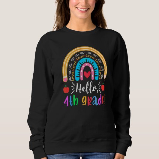 Hallo 4e klas regenboog potlood appel eerste dag t trui (Voorkant)