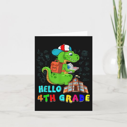 Hallo 4e klas T-rex met schooltas leest B Kaart (Voorkant)