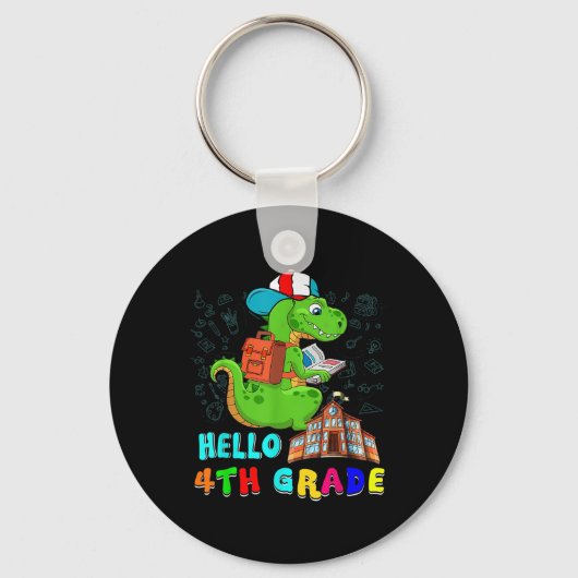 Hallo 4e klas T-rex met schooltas leest B Sleutelhanger (Voorkant)
