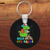Hallo 4e klas T-rex met schooltas leest B Sleutelhanger (Voorkant)