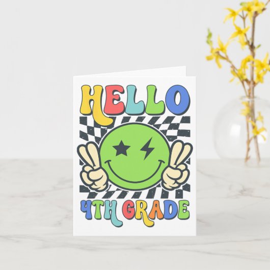 Hallo 4e klas vibes groovy glimlach gezicht terug  kaart (Gele Bloem)