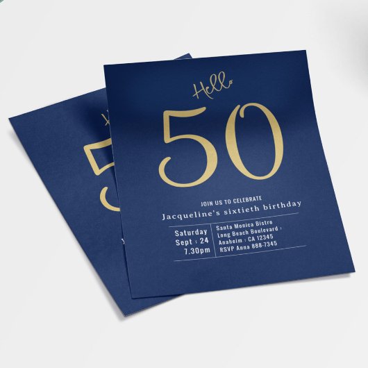 hallo 50 Blue Gold Budget 50th Birthday Uitnodigin Flyer