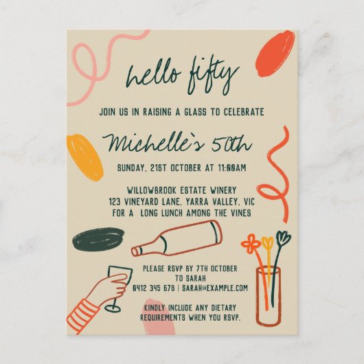 Hallo 50 Fifty 50e Wijngaard Lunch Verjaardag Briefkaart (Voorkant)
