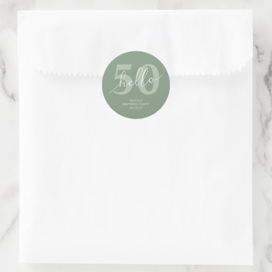 Hallo 50 | Moderne Sage Green 50e verjaardag Ronde Sticker (Tas)