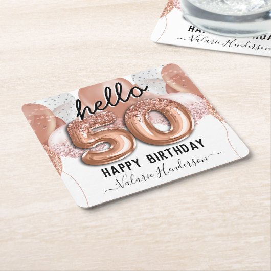 hallo 50 roze Glitter Birthday-ballonnen Kartonnen Onderzetters (Schuin)