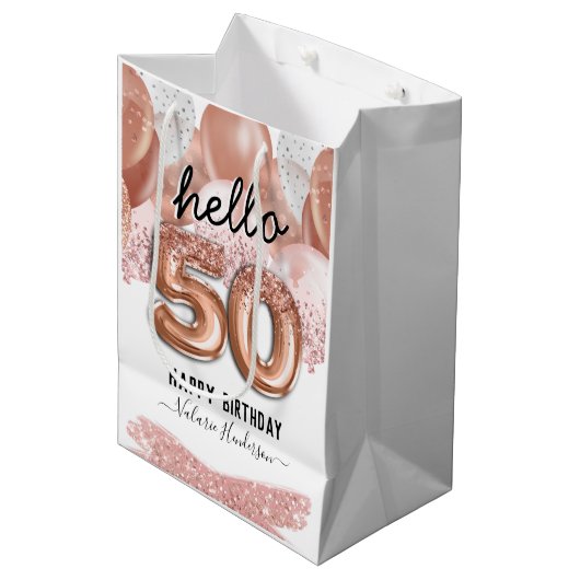 hallo 50 roze Glitter Birthday-ballonnen Medium Cadeauzakje (Voorkant Gekanteld)