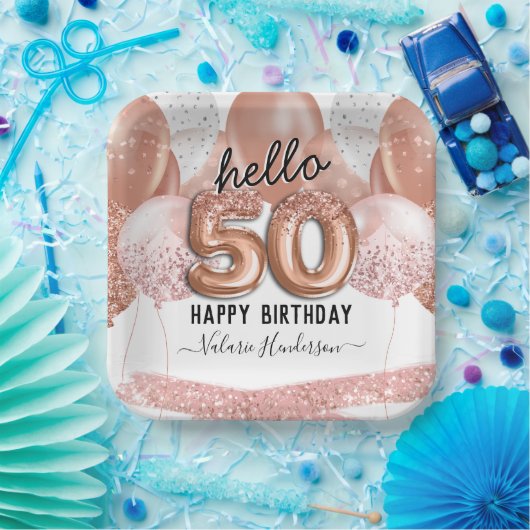 hallo 50 roze Glitter Birthday-ballonnen Papieren Bordje (Feest)