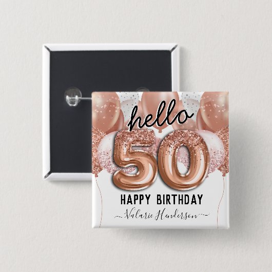 hallo 50 roze Glitter Birthday-ballonnen Vierkante Button 5,1 Cm (Voorkant /achterkant)