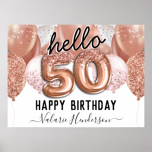 hallo 50 roze Glitter Birthday Balloons Sign Poster (Voorkant)