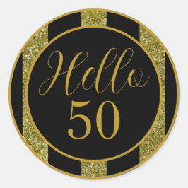 Hallo 50 Verjaardag Zwart Goud Glitter Strepen Ronde Sticker