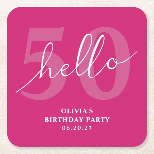 Hallo 50 | Vet Hot Roze 50ste Verjaardag Custom Kartonnen Onderzetters (Voorkant)