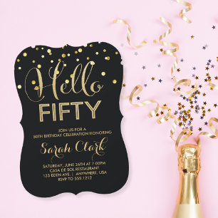 Hallo 50 Zwart Gouden Confetti 50ste Verjaardag Kaart