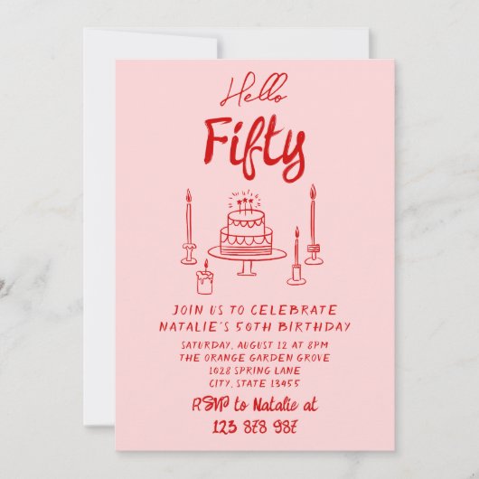 hallo 50e Hand getrokken Roze Rode Cake Kaart (Voorkant)