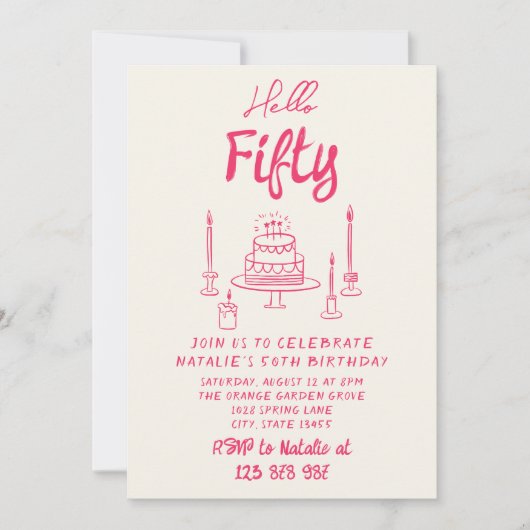 hallo 50ste Roze Hand getrokken Cake Kaart (Voorkant)