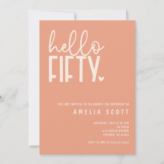 Hallo 50ste verjaardag Modern Peach Minimaal Kaart (Voorkant)