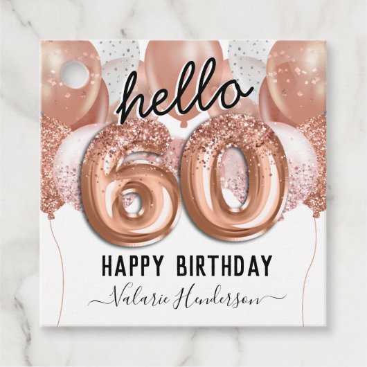 hallo 60 Roze Glitter Birthday-ballonnen Bedankjes Labels (Voorkant)