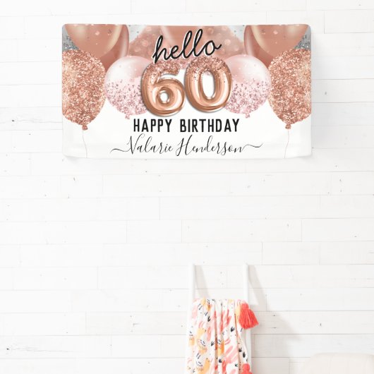 hallo 60 Roze Glitter Birthday Balloons Sign Spandoek (Insitu)
