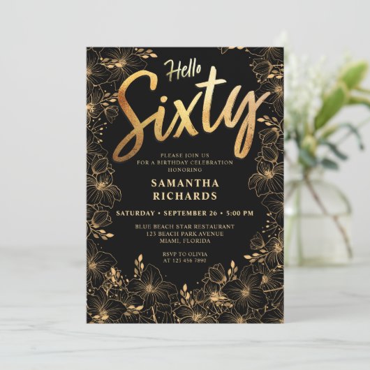 hallo 60e verjaardag van 60 zwarte en gouden bloem kaart (Staand voorkant)