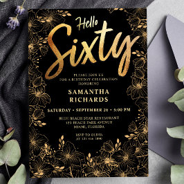 hallo 60e verjaardag van 60 zwarte en gouden bloem kaart