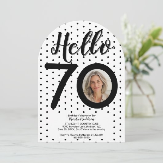 Hallo 70 Foto Zwart & Wit Stippen Verjaardag Kaart (Staand voorkant)