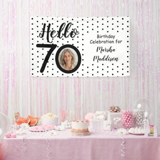 Hallo 70 Foto Zwart & Wit Stippen Verjaardag Spandoek (Feest)