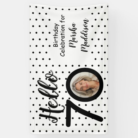 Hallo 70 Foto Zwart & Wit Stippen Verjaardag Spandoek (Verticaal)
