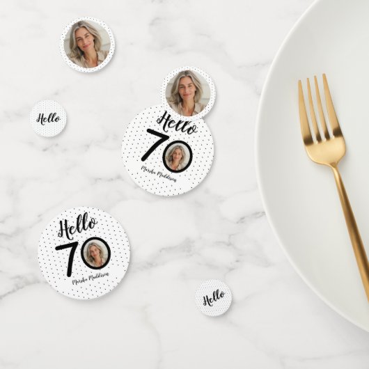 Hallo 70 Zwart & Wit Stippen Foto & Naam Verjaarda Confetti (Groep)