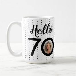 Hallo 70 Zwart & Wit Stippen Foto & Naam Verjaarda Koffiemok