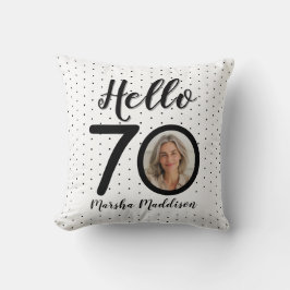 Hallo 70 Zwart & Wit Stippen Foto & Naam Verjaarda Kussen