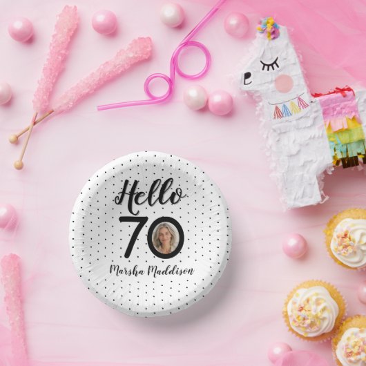Hallo 70 Zwart & Wit Stippen Foto & Naam Verjaarda Papieren Kommen (Feest)