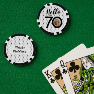 Hallo 70 Zwart & Wit Stippen Foto & Naam Verjaarda Poker Chips