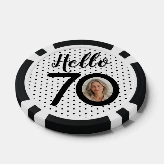 Hallo 70 Zwart & Wit Stippen Foto & Naam Verjaarda Poker Chips (Enkel)