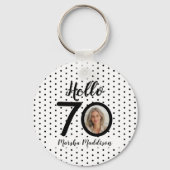 Hallo 70 Zwart & Wit Stippen Foto & Naam Verjaarda Sleutelhanger (Voorkant)