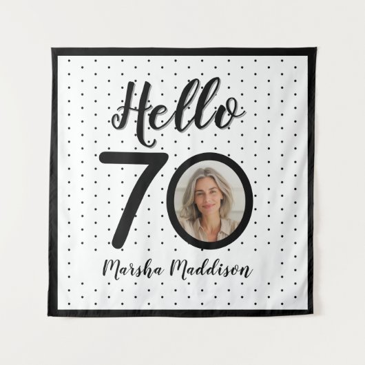 Hallo 70 Zwart & Wit Stippen Foto & Naam Verjaarda Wandkleed (Voorkant)