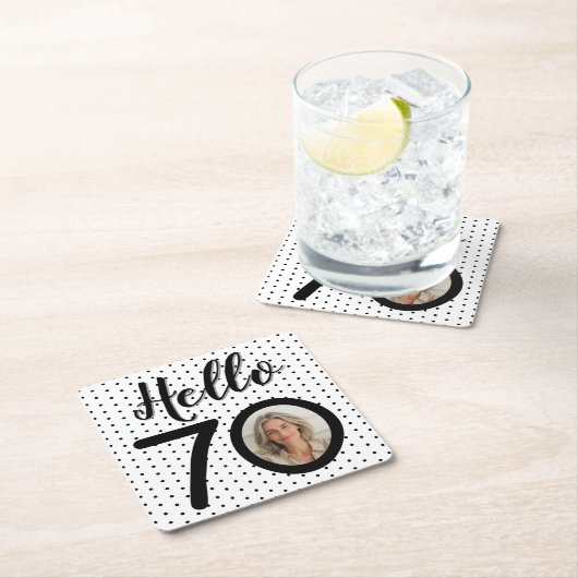 Hallo 70 Zwart-wit Stippen Foto Verjaardag Kartonnen Onderzetters (Insitu)