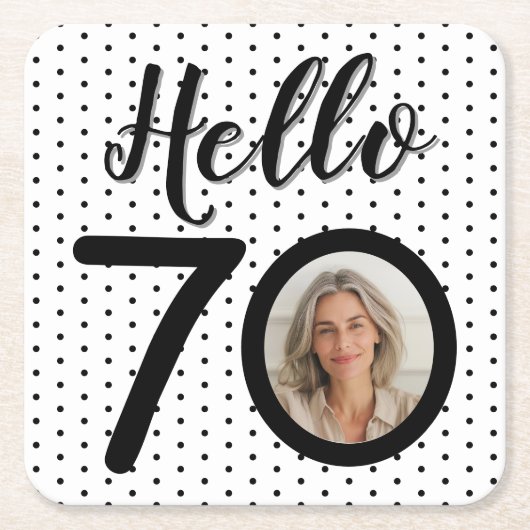 Hallo 70 Zwart-wit Stippen Foto Verjaardag Kartonnen Onderzetters (Voorkant)