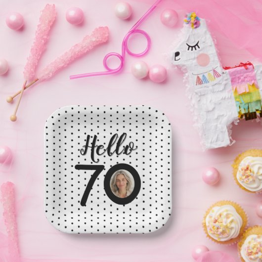 Hallo 70 Zwart-wit Stippen Foto Verjaardag Papieren Bordje (Feest)