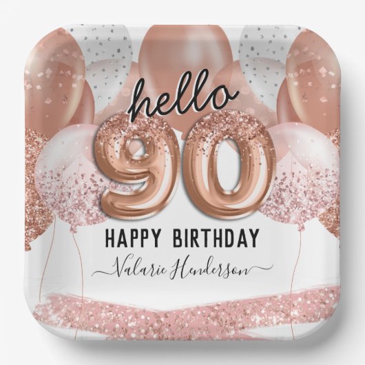 hallo 90 roze glitter Birthday Balloons Papierplaa Papieren Bordje (Voorkant)