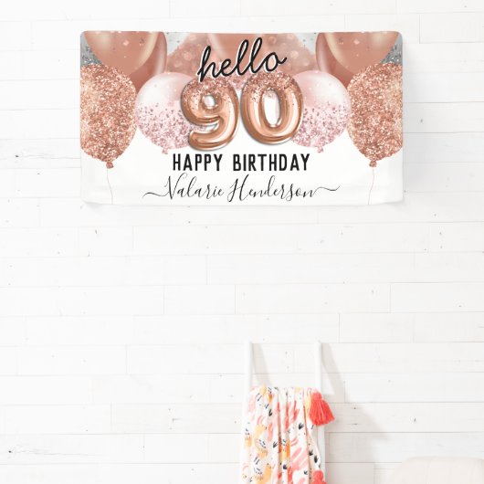 hallo 90 roze Glitter Birthday Balloons Sign. Spandoek (Insitu)