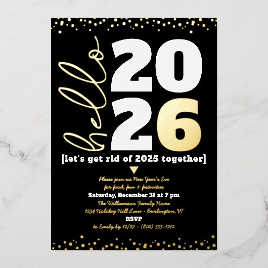 hallo Aangepast jaarscript: zwart Real Gold Folie Uitnodiging (Voorkant)