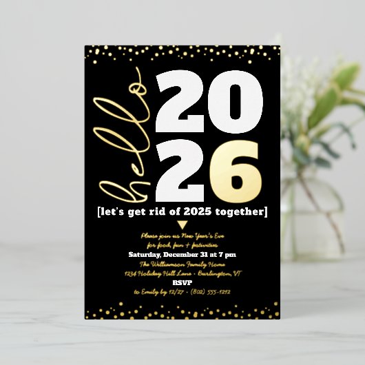 hallo Aangepast jaarscript: zwart Real Gold Folie Uitnodiging (Staand Voorkant)