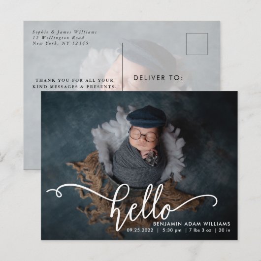 hallo Aankondiging geboorte & Bedankt Briefkaart (Voorkant / Achterkant)