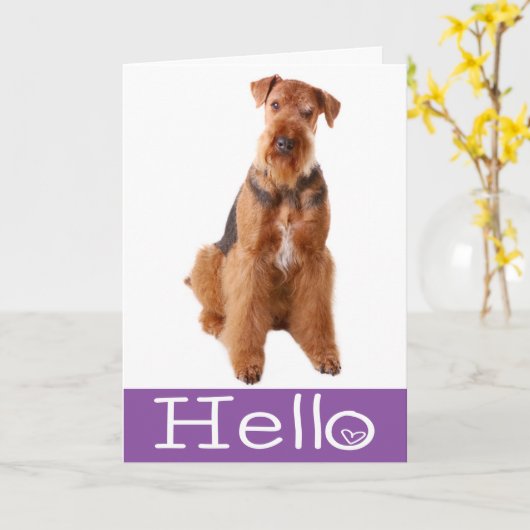 Hallo Airedale Puppy Dog Paars Card - Verse Kaart (Gele Bloem)