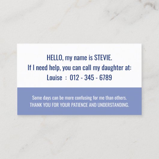 hallo alzheimers bewustzijn en noodcontact visitekaartje (Achterkant)